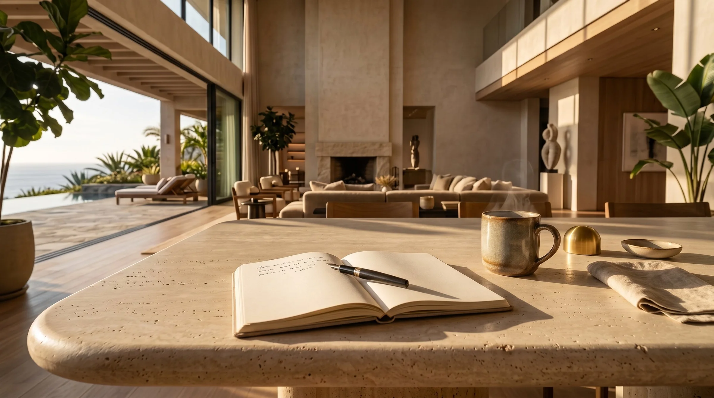 An open notebook and fountain pen beside a steaming mug on a travertine table, in a sunlit home overlooking the ocean