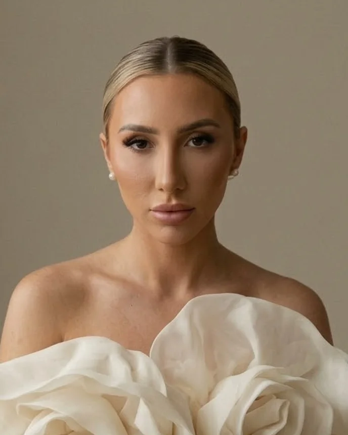 Kaia in a sculptural ivory rose gown, seated against a warm neutral wall